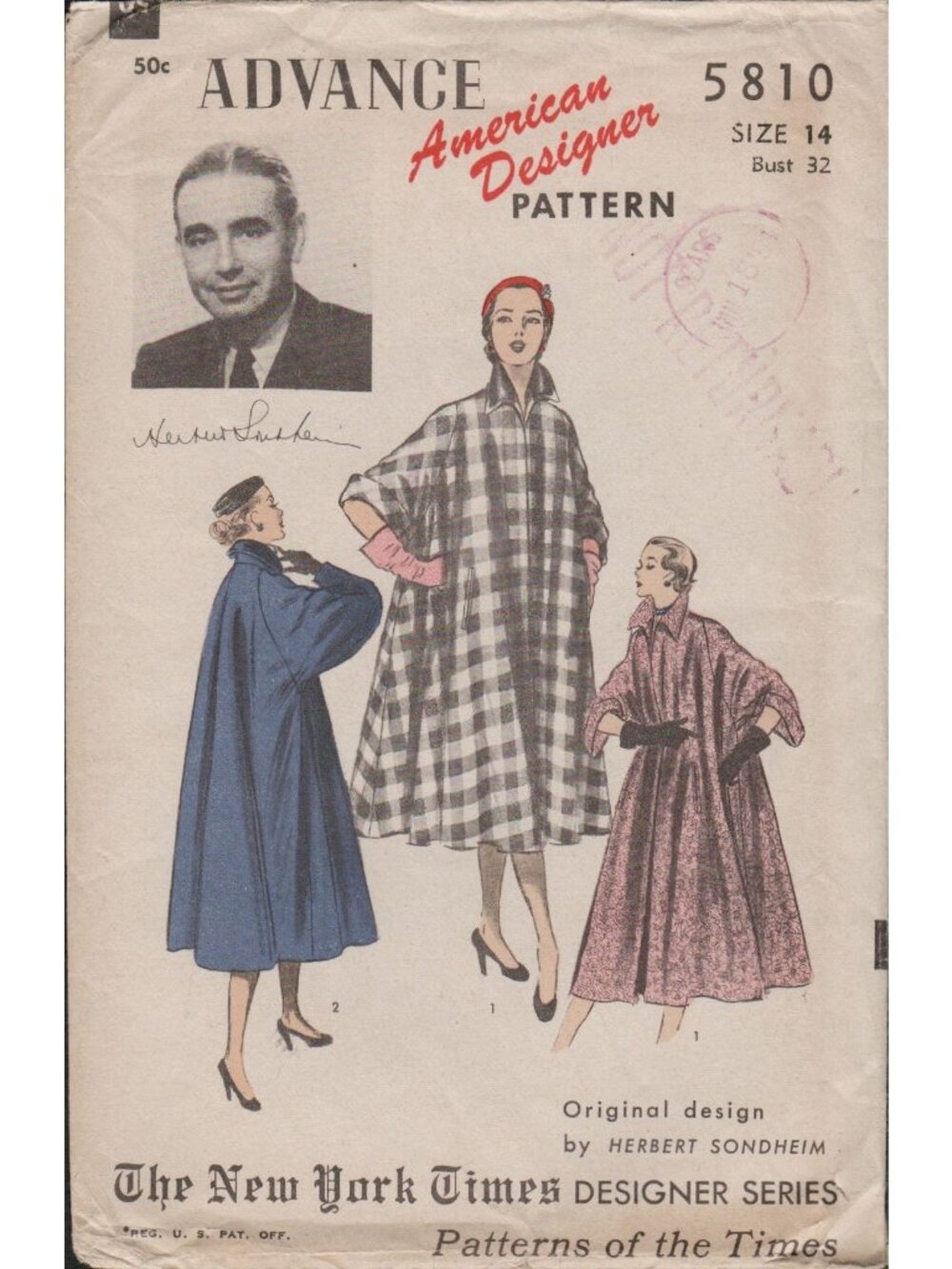 Advance 5810 Designer Herbert Sondheim 1950s Swing Coat Pattern Bust 32 Uncut